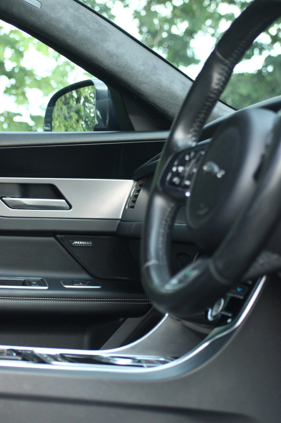 A vertical view of the Jaguar steering wheel, door and interior trim.